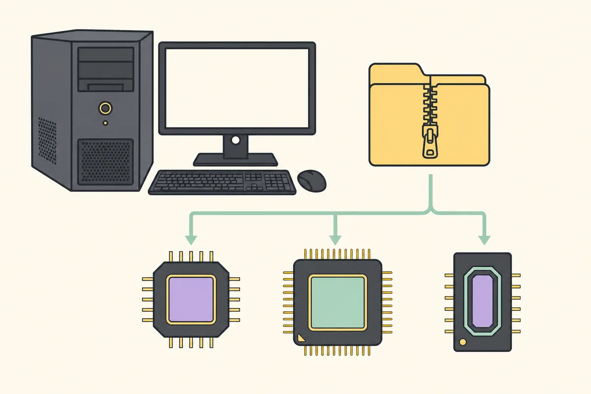 Editorial illustration showing a Windows PC, ZIP archive and three processor architectures