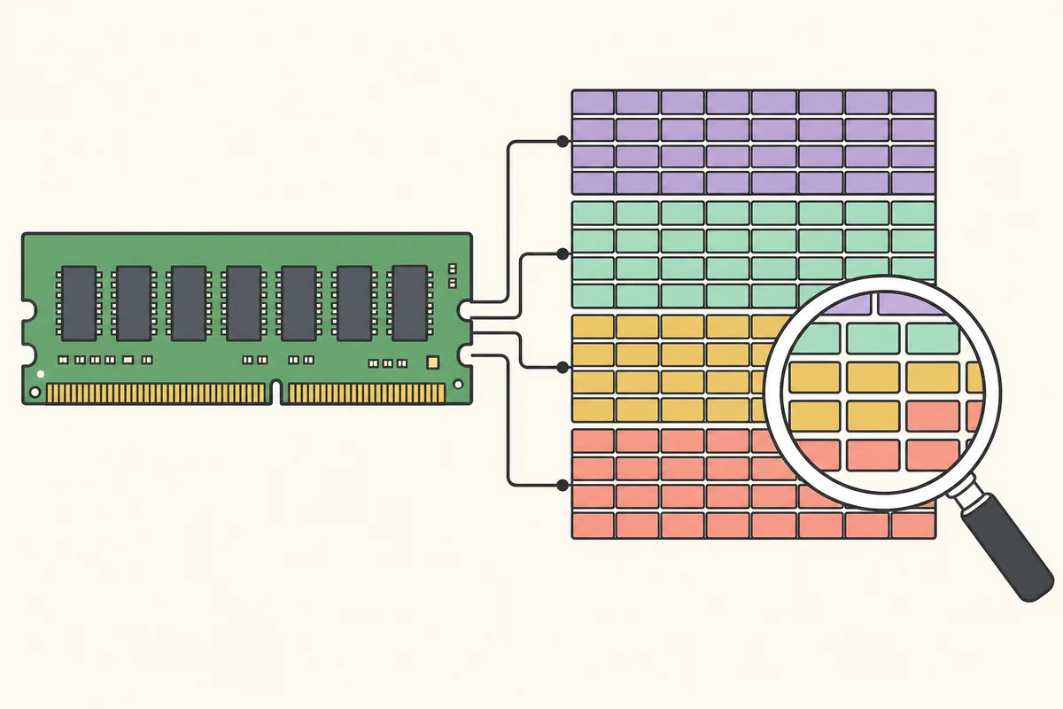 Editorial diagram of a RAM module connected to categorized physical memory blocks