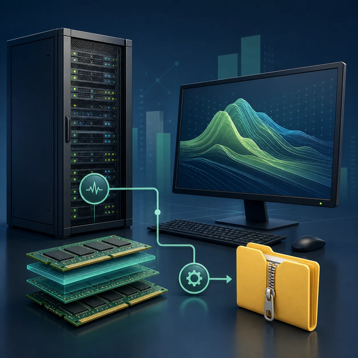 Illustrazione di un server Windows, moduli di memoria e un monitor diagnostico RAMMap