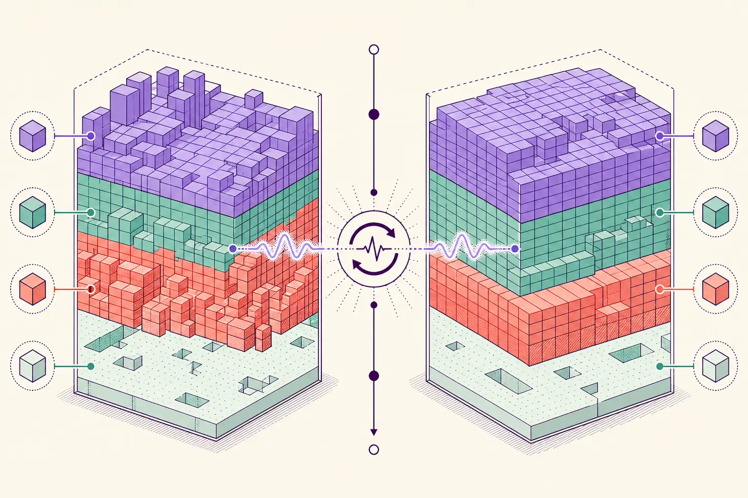 Comparação editorial de snapshots de memória antes e depois