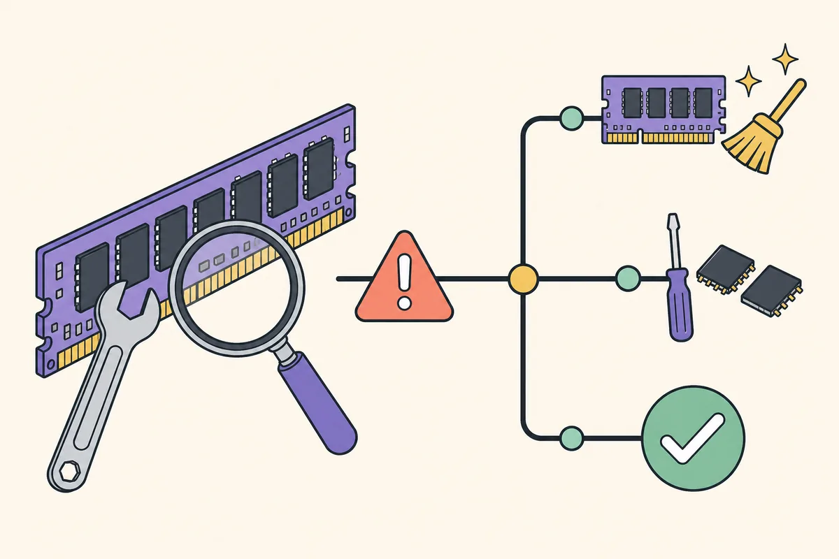 Editorial diagram showing a diagnostic path from warning to verified memory utility
