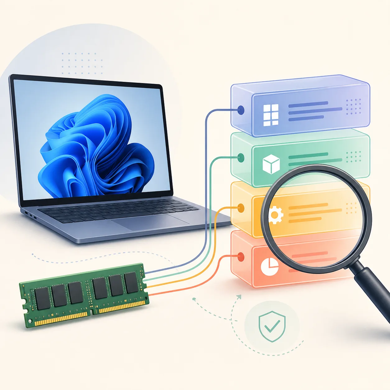 Illustrazione editoriale di un portatile Windows 11 collegato alle categorie di memoria di RAMMap